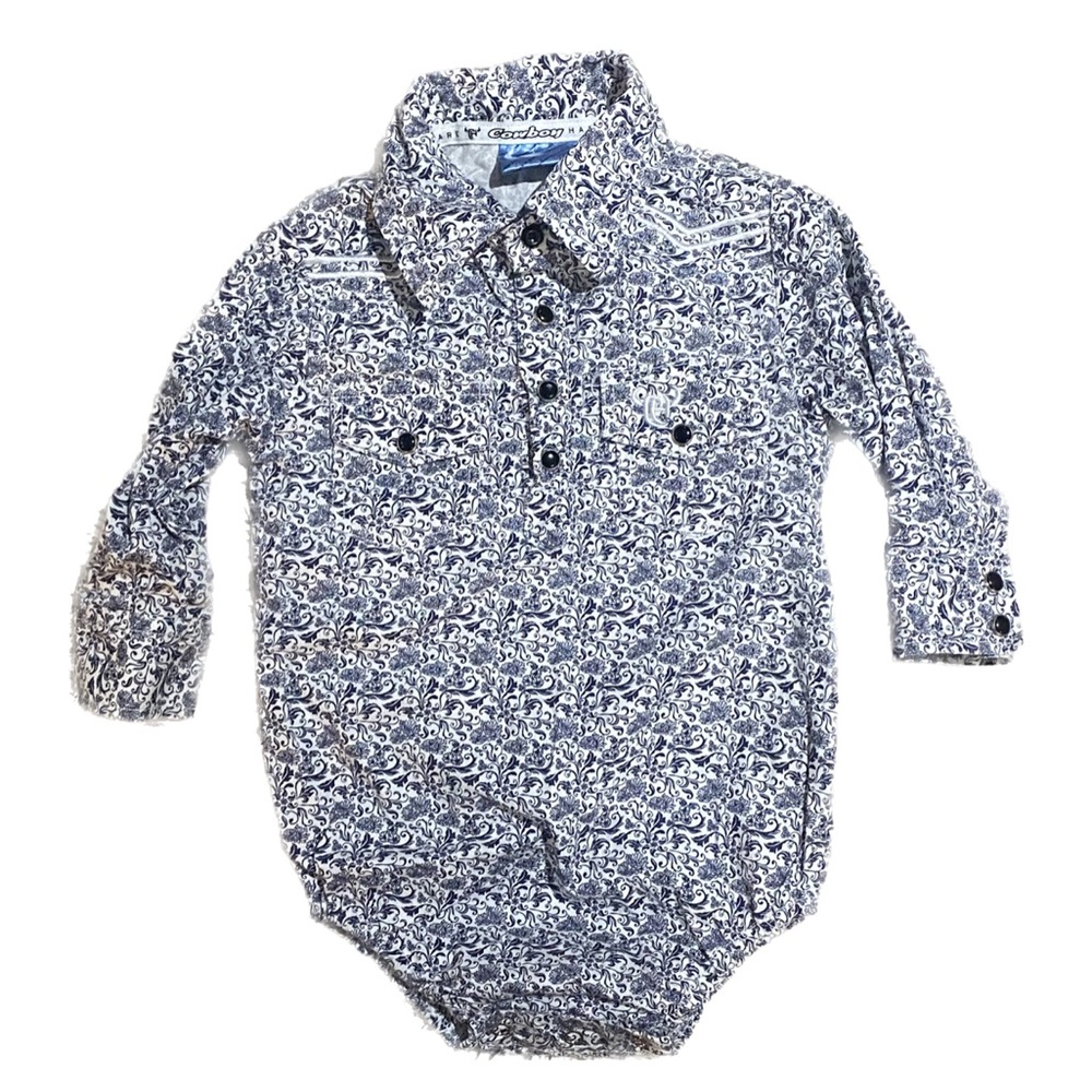 Baby girl Cowboy Hardware long sleeve blue paisley western onesie 12m